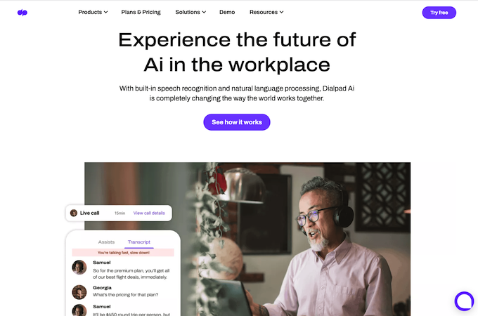 Screenshot of Dialpad home page with headline that says, "Experience the future of AI in the workplace."