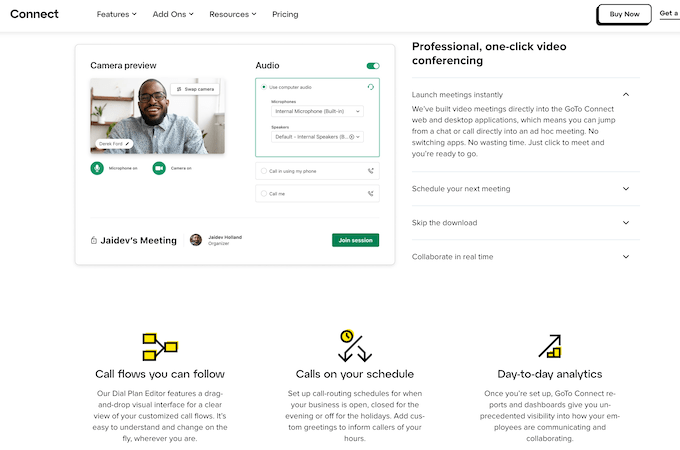 Screenshot of GoTo Connect's Features page with image of camera preview, headline that says "Professional, one-click video conferencing," and features that include call flows you can follow, calls on your schedule, and day-to-day analytics