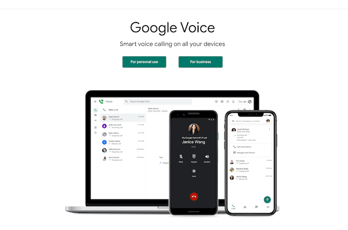 Screenshot of Google Voice home page with headline that says, "Smart voice calling on all your devices" and options to choose either for personal use or for business