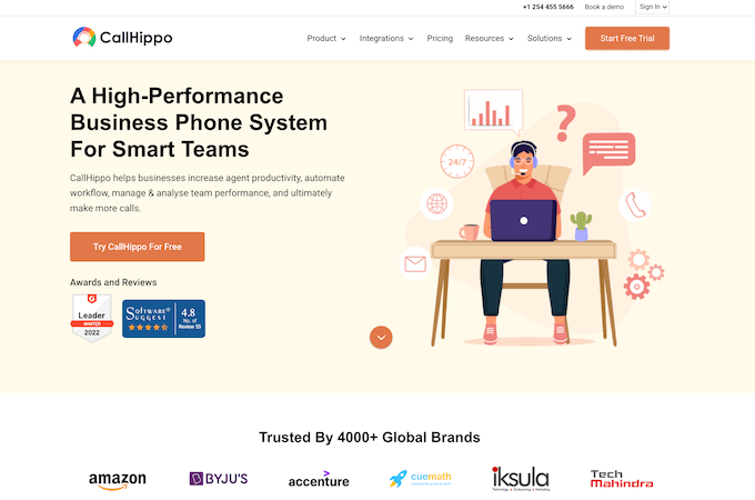 Screenshot of CallHippo home page with headline that says, "A High-Performance Business Phone System For Smart Teams"