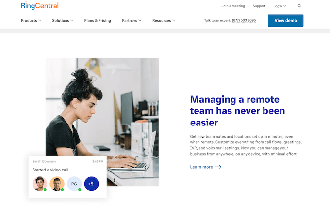 Screenshot of RingCentral remote work landing page with headline that says, "Managing a remote team has never been easier."