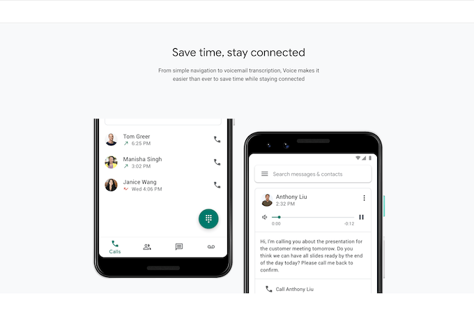 Screenshot of Google Voice website page with headline that says, "Save time, stay connected"