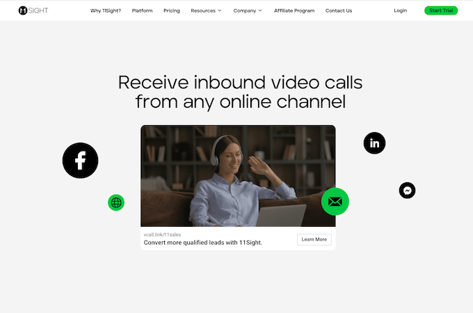 Screenshot of 11Sight website page with headline that says, "Receive inbound video calls from any online channel."