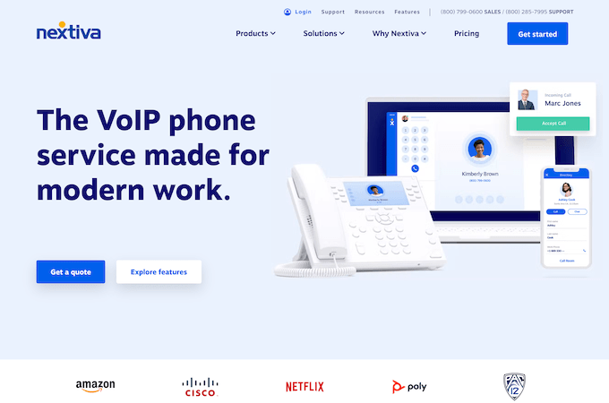 Screenshot of Nextiva home page with headline that says, "The VoIP phone service made for modern work."