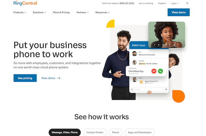 Screenshot of RingCentral home page with headline that says, "Put your business phone to work."