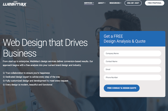 WebiMax web design landing page with bullet list of benefits and free consultation form