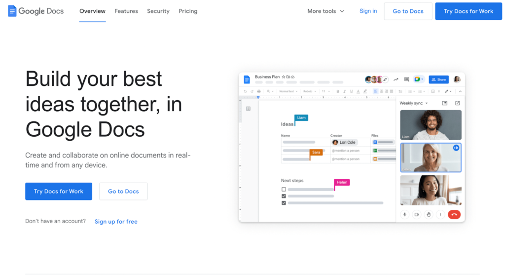 Google Docs home page