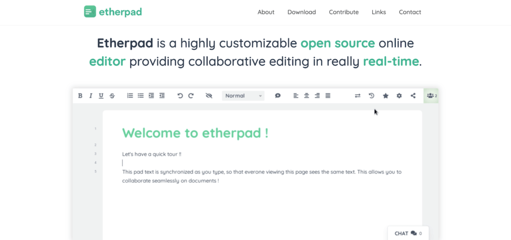 Etherpad home page.