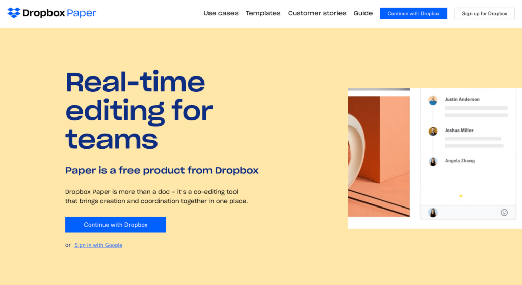 Dropbox Paper home page.