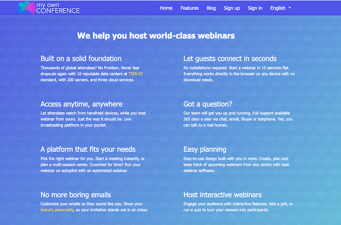 A screenshot showing MyOwnConference’s webinar features