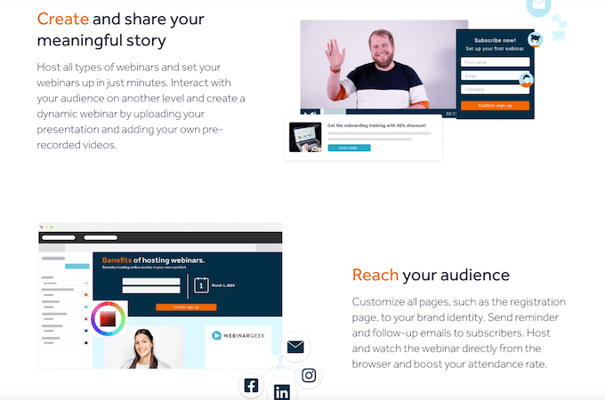 A screenshot showcasing how you can share your story and reach your audience with WebinarGeek