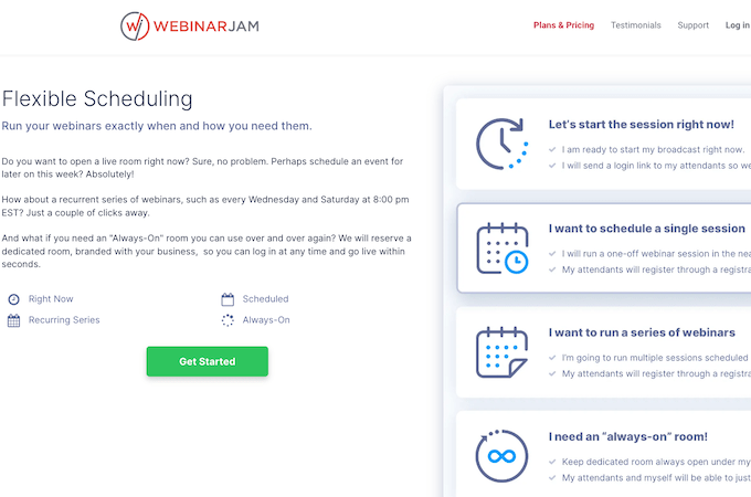 A screenshot highlighting WebinarJam’s flexible scheduling features