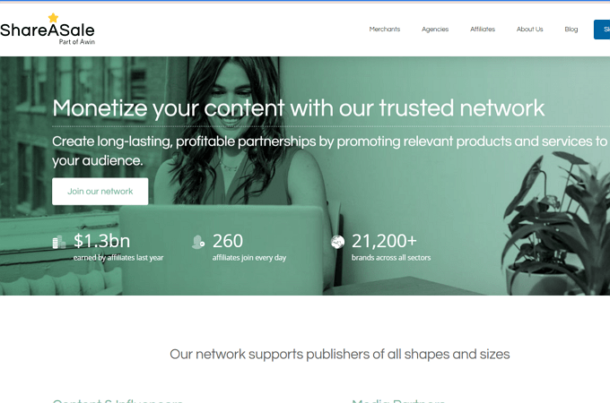 Screenshot of ShareASale home page with headline that says, "Monetize your content with our trusted network"
