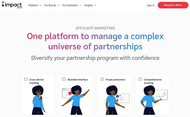 Screenshot of Impact affiliate marketing page with headline that says, "One platform to manage a complex universe of partnerships"