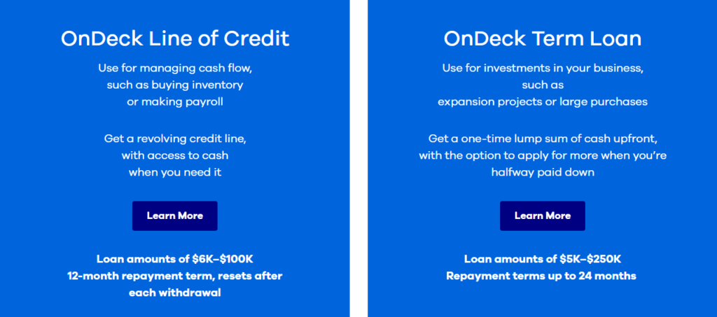 Screenshot of a side-by-side comparison of OnDeck Line of Credit and OnDeck Term Loan
