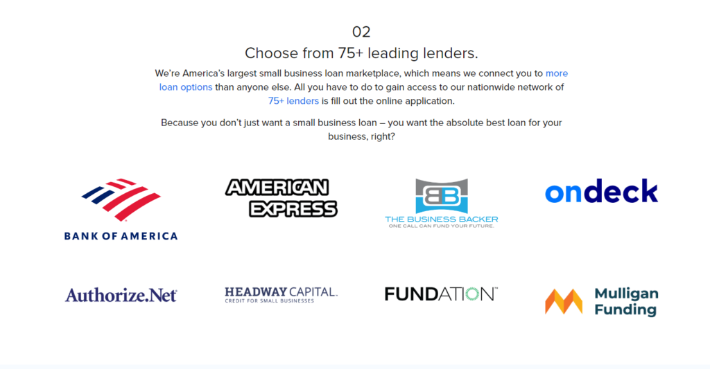 Screenshot of Small Business Administration website page with headline that says "Choose from 75+ leading lenders" with logos of lenders in their network