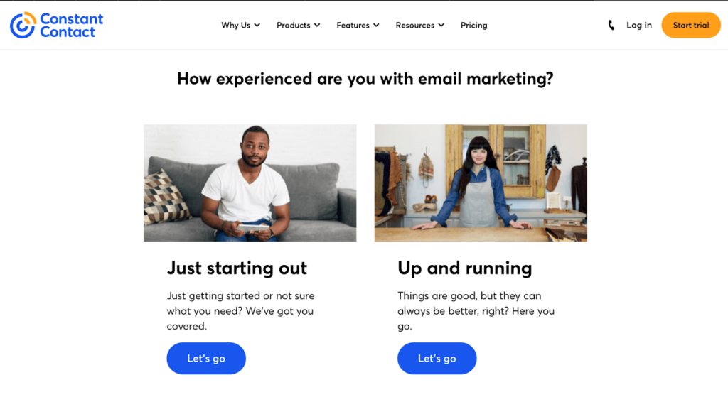 Screenshot of Constant Contact website page with the question "How experienced are you with email marketing?" and options to choose "Just starting out" or "Up and running"