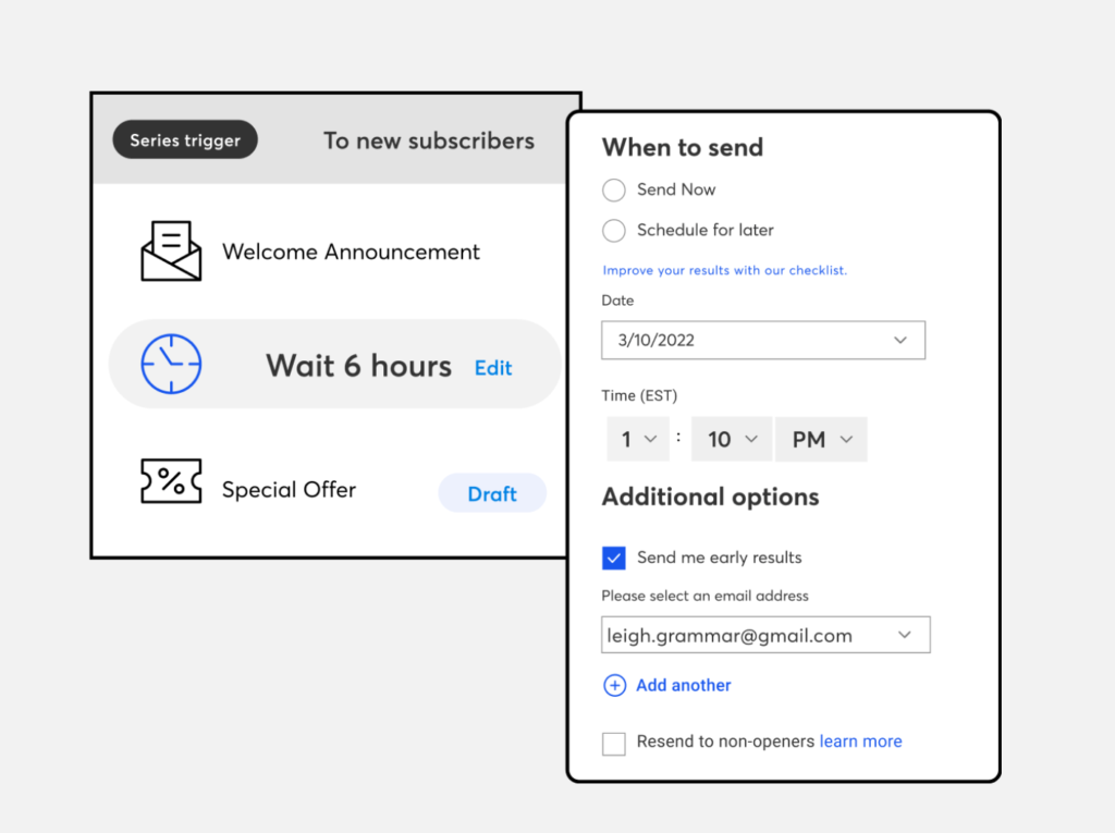 Example of email trigger that allows user to choose how long to wait to send email to new subscribers