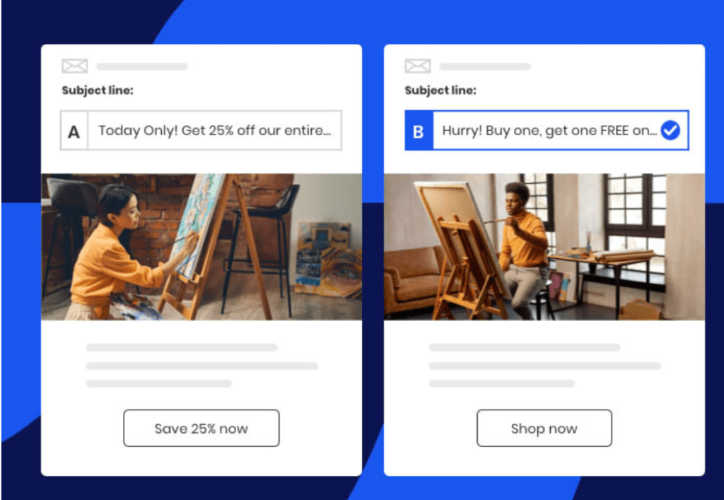 Screenshot of a side-by-side A/B test with two emails that have different subject lines, images, and CTA buttons