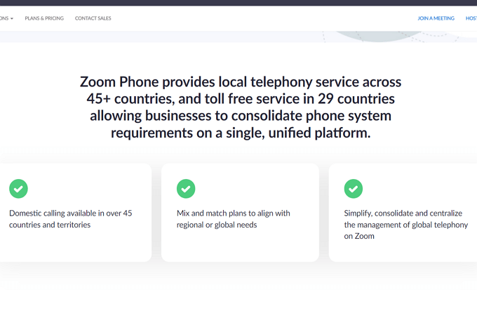 Screenshot of Zoom website page that explains how Zoom Phone provides local services across 45+ countries and toll free service in 29 countries