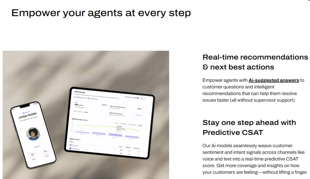 Screenshot of Dialpad website page that explains how Dialpad AI offers real-time recommendations and next best actions as well as how you can stay one step ahead with predictive CSAT