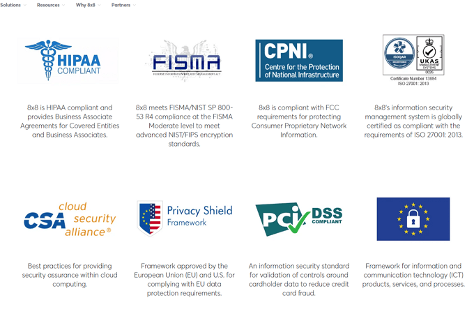 Screenshot of 8x8 compliance certifications page