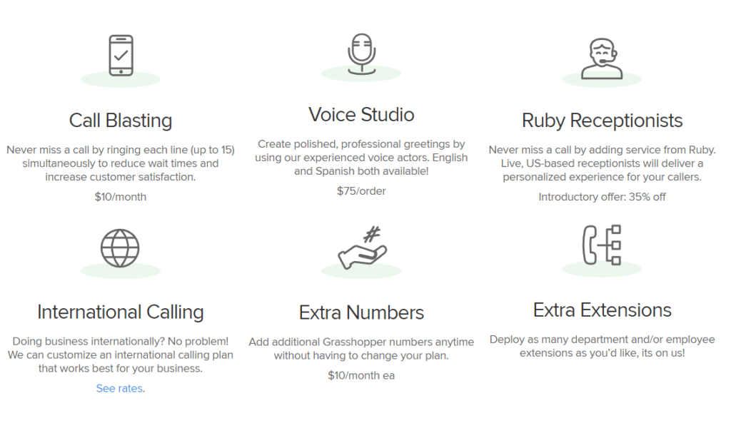 Screenshot of Grasshopper's add-ods, which include call blasting, voice studio, Ruby receptionists, international calling, extra numbers, and extra extensions