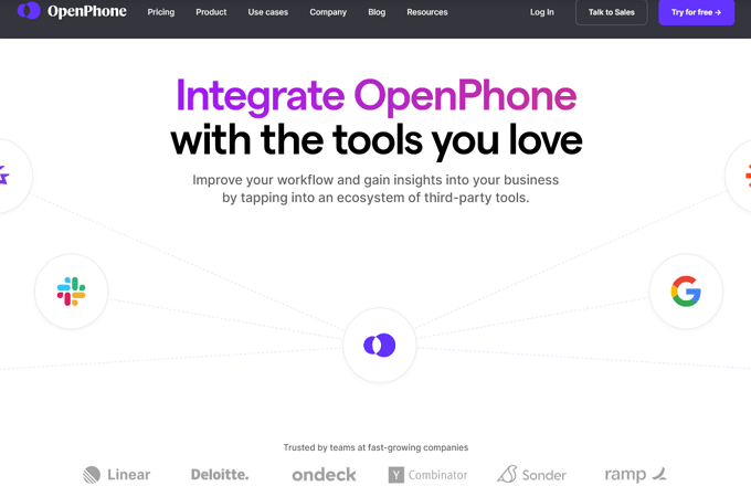 Screenshot of OpenPhone integrations page with headline that says, "Integrate OpenPhone with the tools you love"