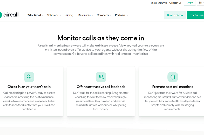 Screenshot of Aircall's Call Monitoring page that highlights how you can check in on your team's calls, offer constructive call feedback, and promote best call practices