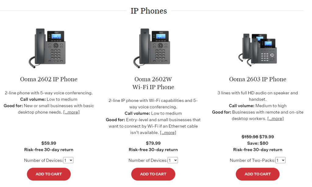 Screenshot of Ooma phones for business with pricing