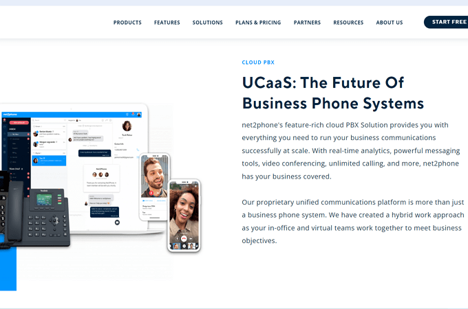 Screenshot of Net2Phone's Cloud PBX page with headline that says, "UCaaS: The Future of Business Phone Systems"