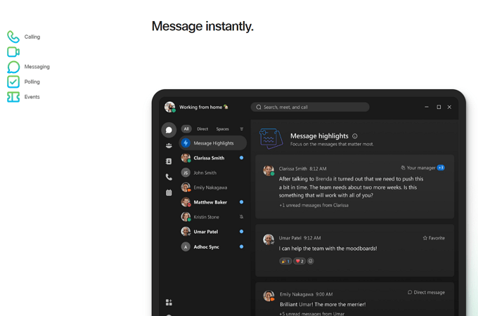 Screenshot of Webex app dashboard that shows how you can message instantly on their platform