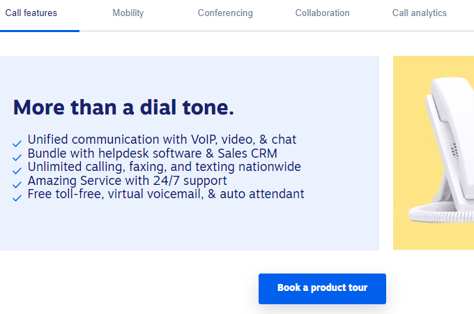 Screenshot of Nextiva call features website page with headline that says "More than a dial phone" and a list of features