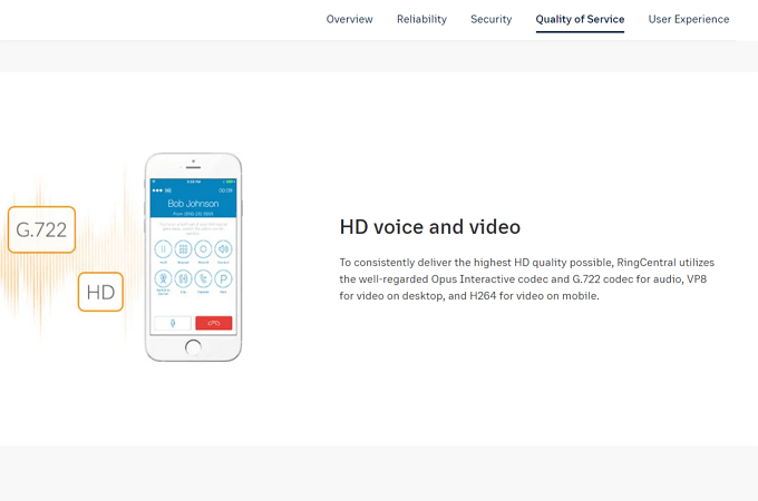 Screenshot of RingCentral Quality of Service website page that explains how RingCentral consistently delivers the highest HD quality possible