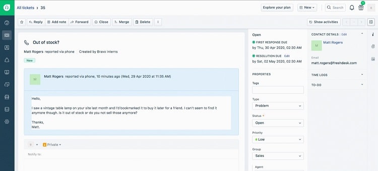 Screenshot of Freshdesk customer tickets dashboard