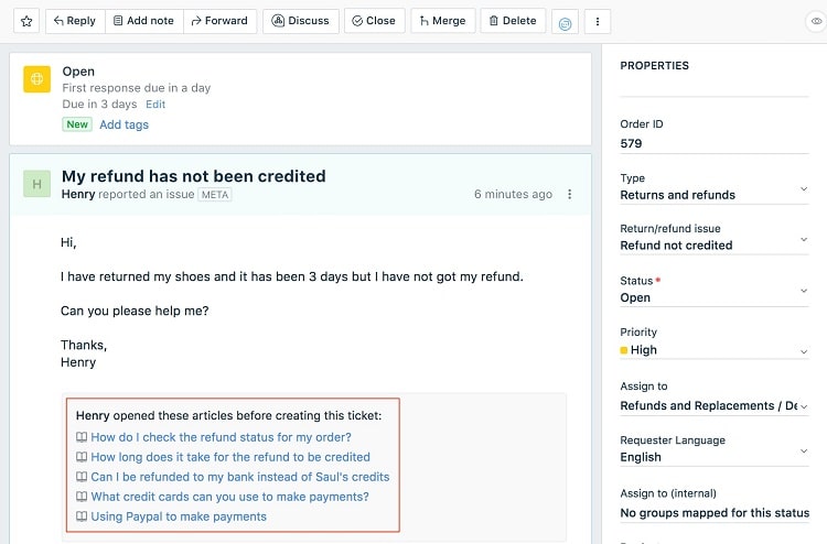 Screenshot of Freshdesk dashboard showing an open ticket with red box around list of articles the customer opened before creating the ticket