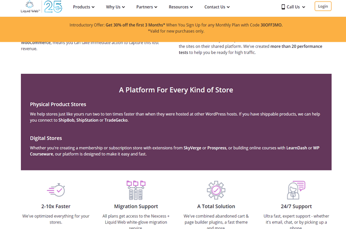 Screenshot of Liquid Web page with headline that says "A Platform For Every Kind of Store" and descriptions of how Liquid Web helps physical product stores and digital stores