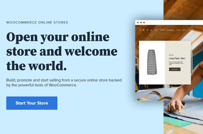 Screenshot of Bluehost website page for WooCommerce online stores with headline that says "Open your online store and welcome the world."
