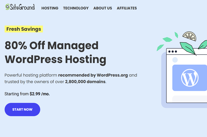 Screenshot of SiteGround web page for Managed WordPress Hosting