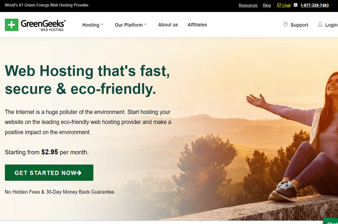 Screenshot of GreenGeeks web hosting landing page