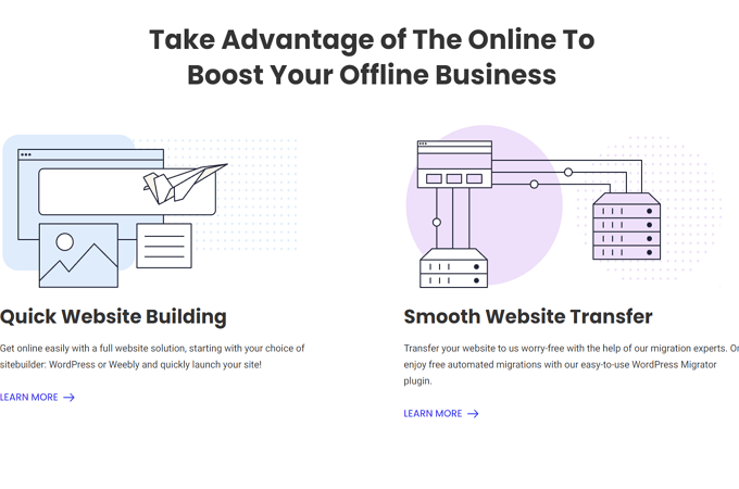 Screenshot of SiteGround webpage with headline that says, "Take Advantage of The Online To Boost Your Offline Business"