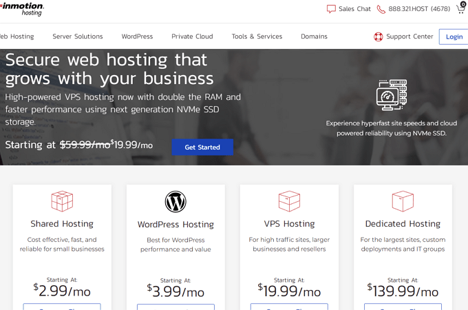 Screenshot of InMotion pricing plan webpage for shared hosting, WordPress hosting, VPS hosting, and dedicated hosting