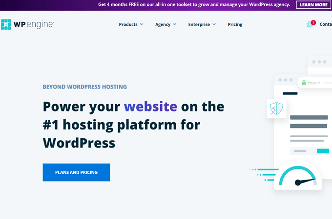 Screenshot of WP Engine webpage with headline that says, "Power your website on the #1 hosting platform for WordPress"