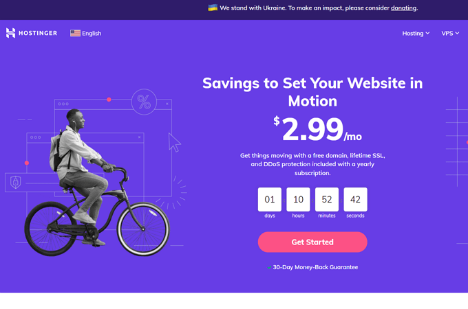 Screenshot of Hostinger webpage with headline that says, "Savings to Set Your Website in Motion $2.00/mo"