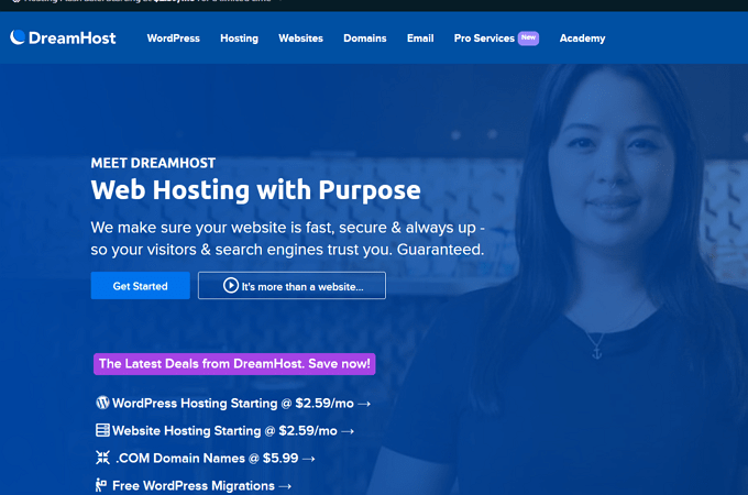 Screenshot of DreamHost web hosting landing page