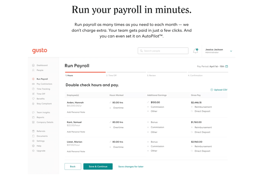 Screenshot of Gusto page for running your payroll in minutes with image of the Gusto Run Payroll dashboard