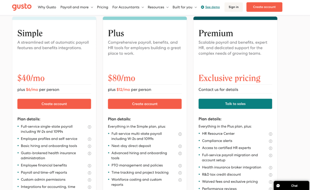 Screenshot of Gusto pricing plans