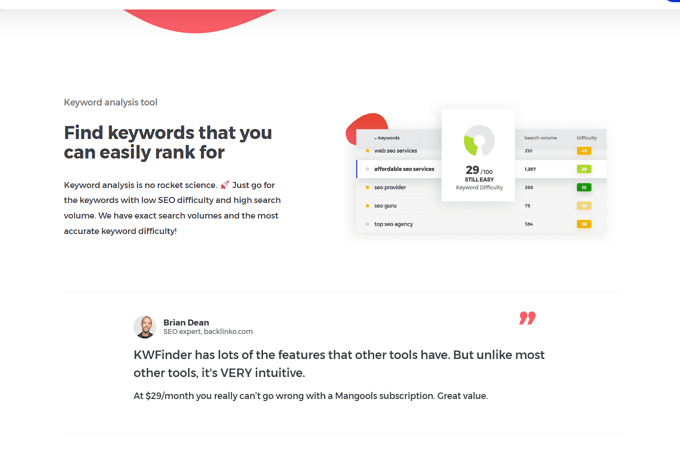 Screenshot of Mangools KWFinder website page that shows how you can find keywords that you can easily rank for
