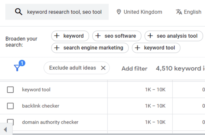 Screenshot of Google's Keyword Planner tool