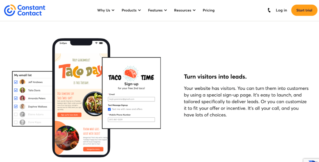 Screenshot of Constant Contact website page with headline that says "Turn visitors into leads"